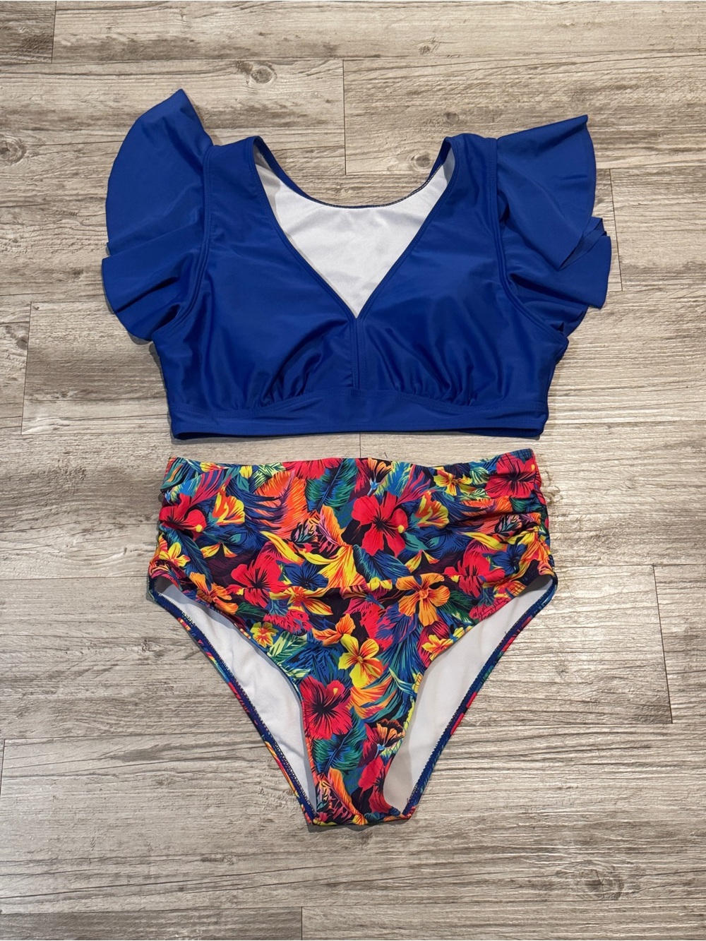Ruffled Sleeve Blue Crop Top Bikini with High-Waist Tropical Floral Bottoms